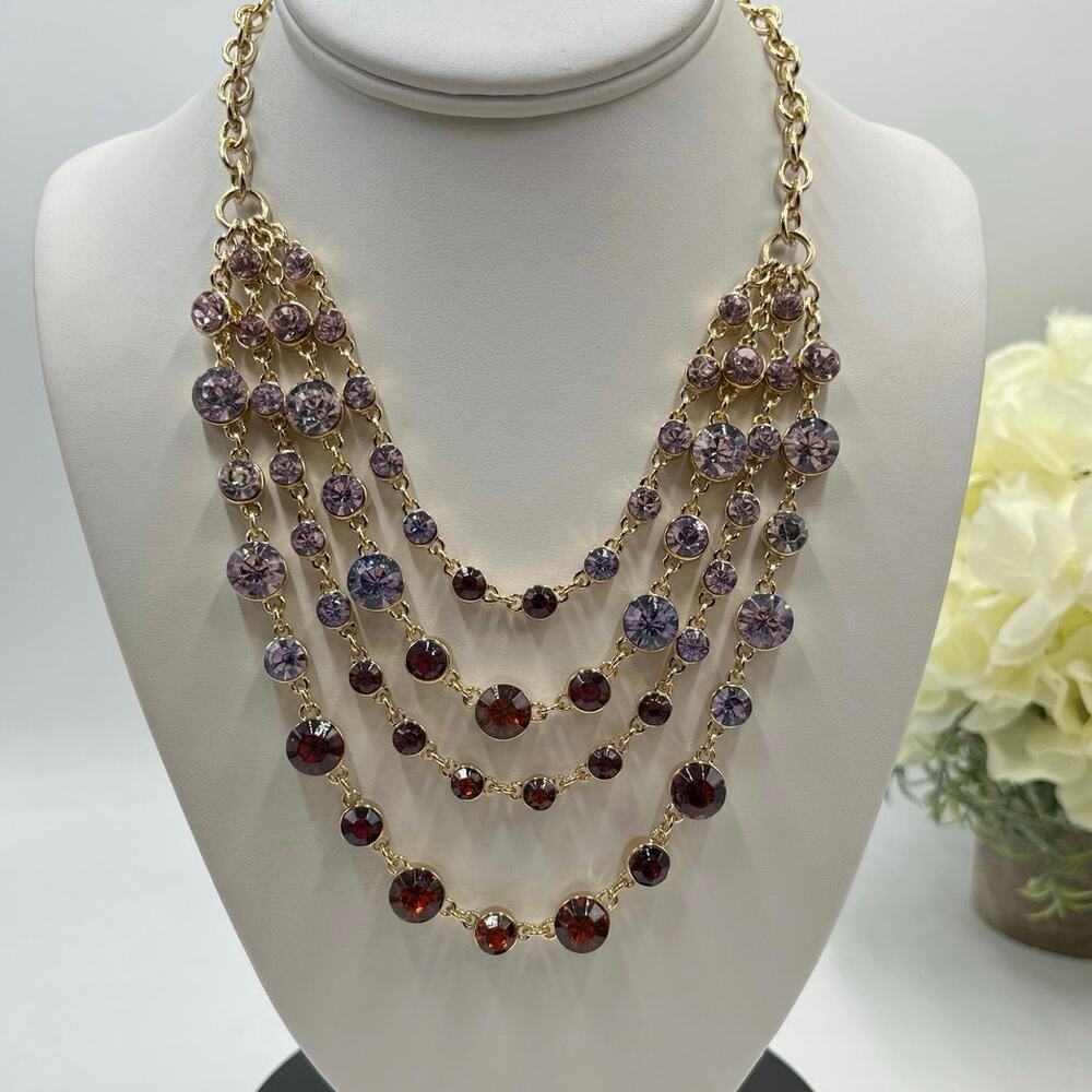J. Crew Four Layer Round Bezel Crystal Statement Necklace Grape Purple Red